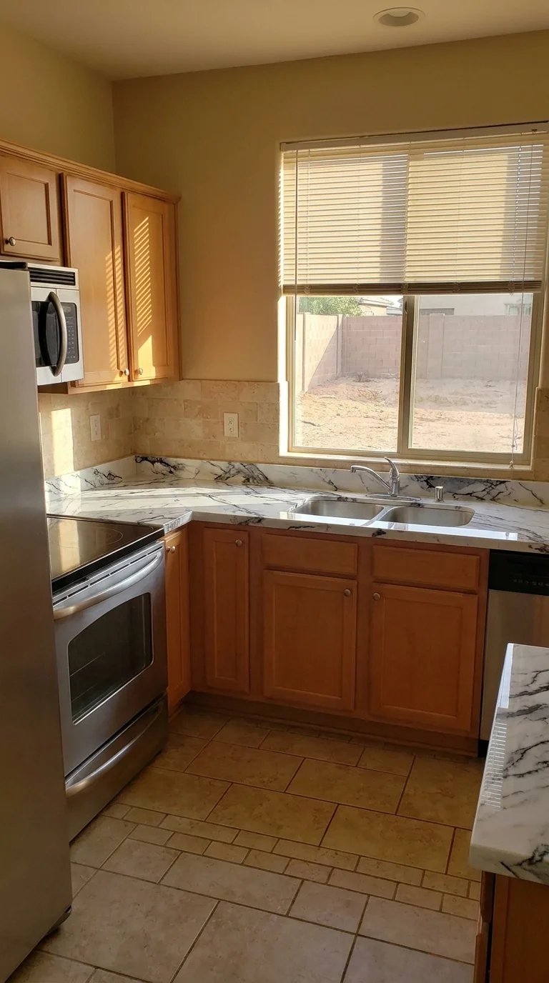 White & Black lab stone countertop after resurfacing in a Phoenix home