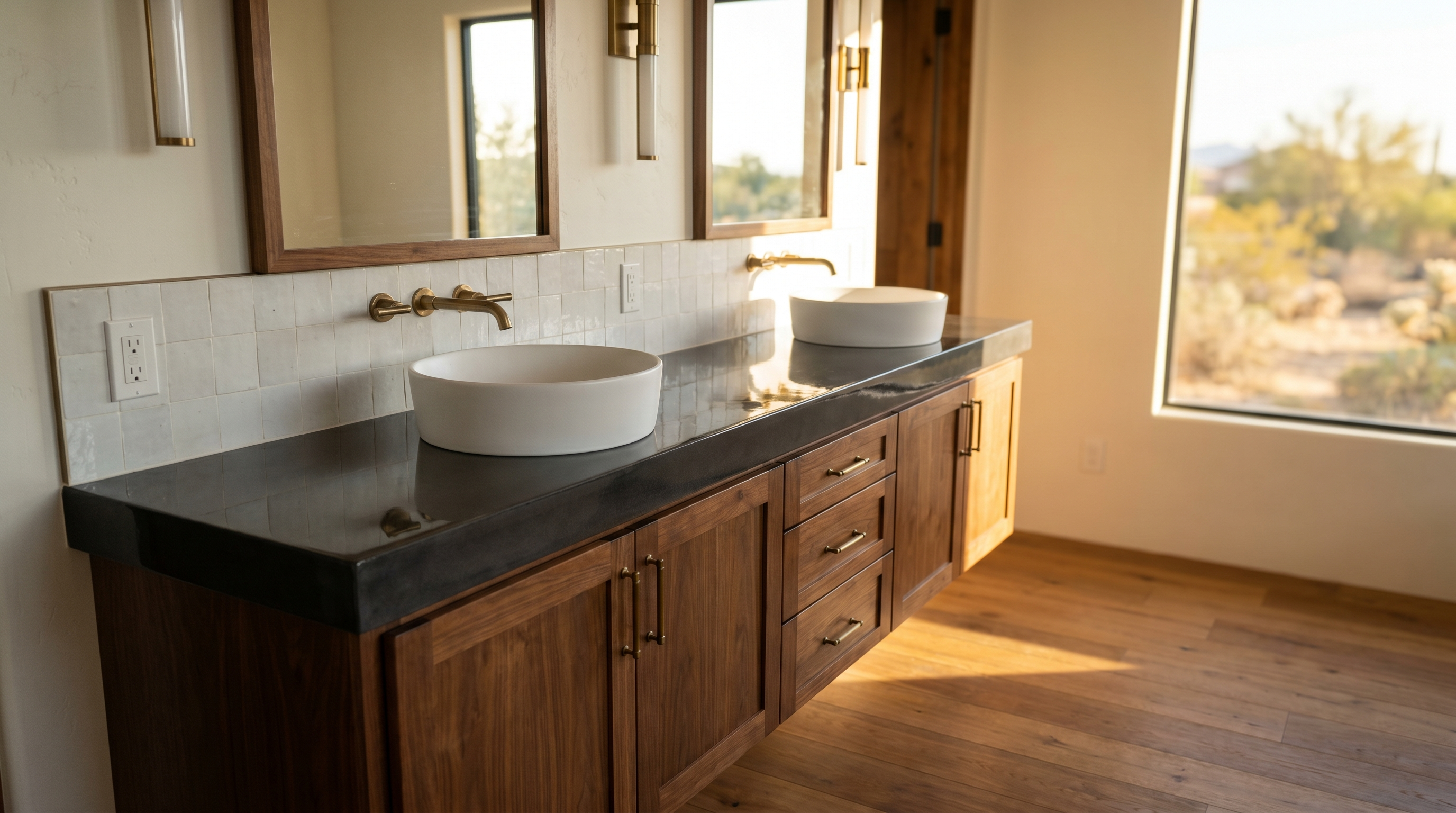 Pure Charcoal countertop with Walnut cabinets in a Ahwatukee bathroom