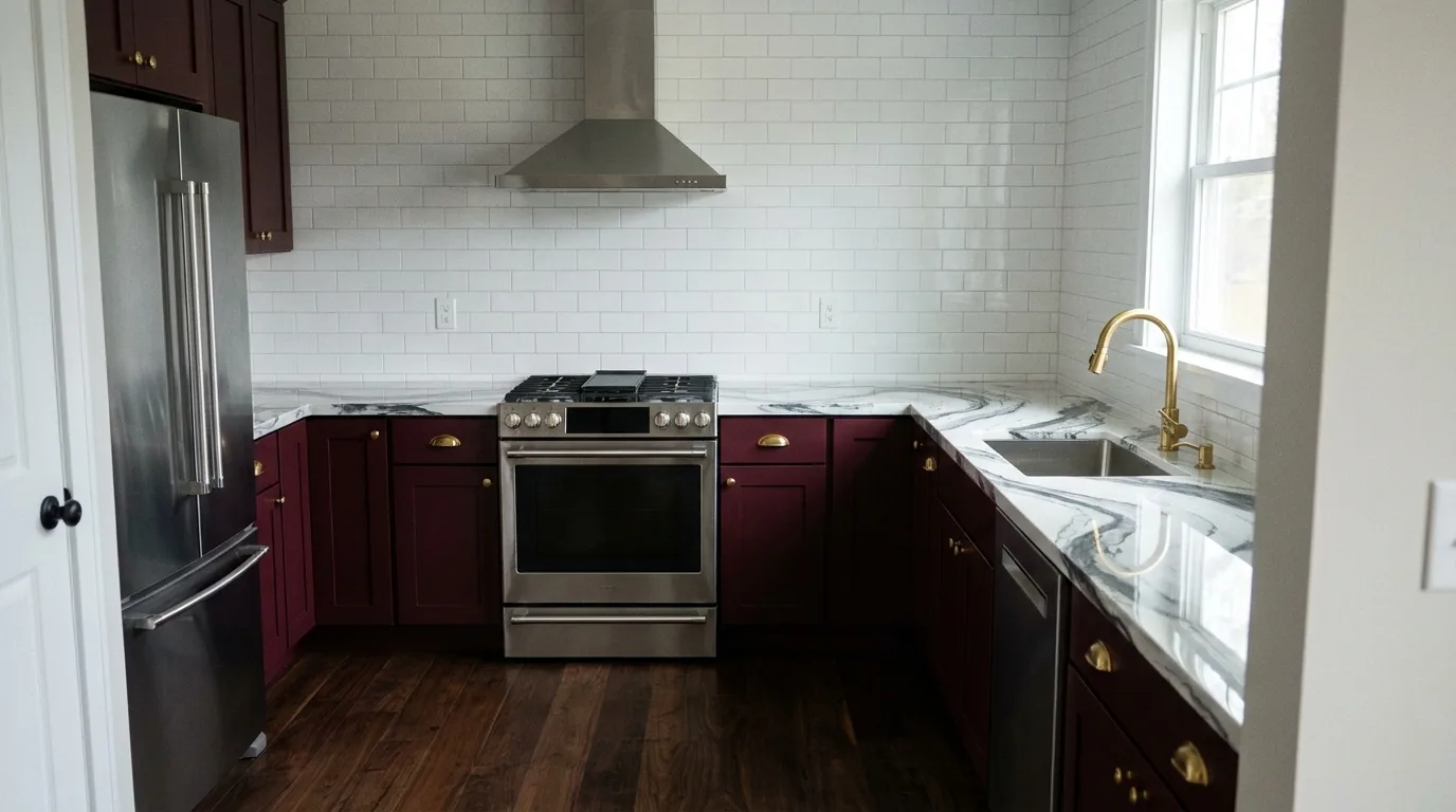 Arabescato marble counter with burgundy cabinets in a McCormick Ranch Scottsdale kitchen