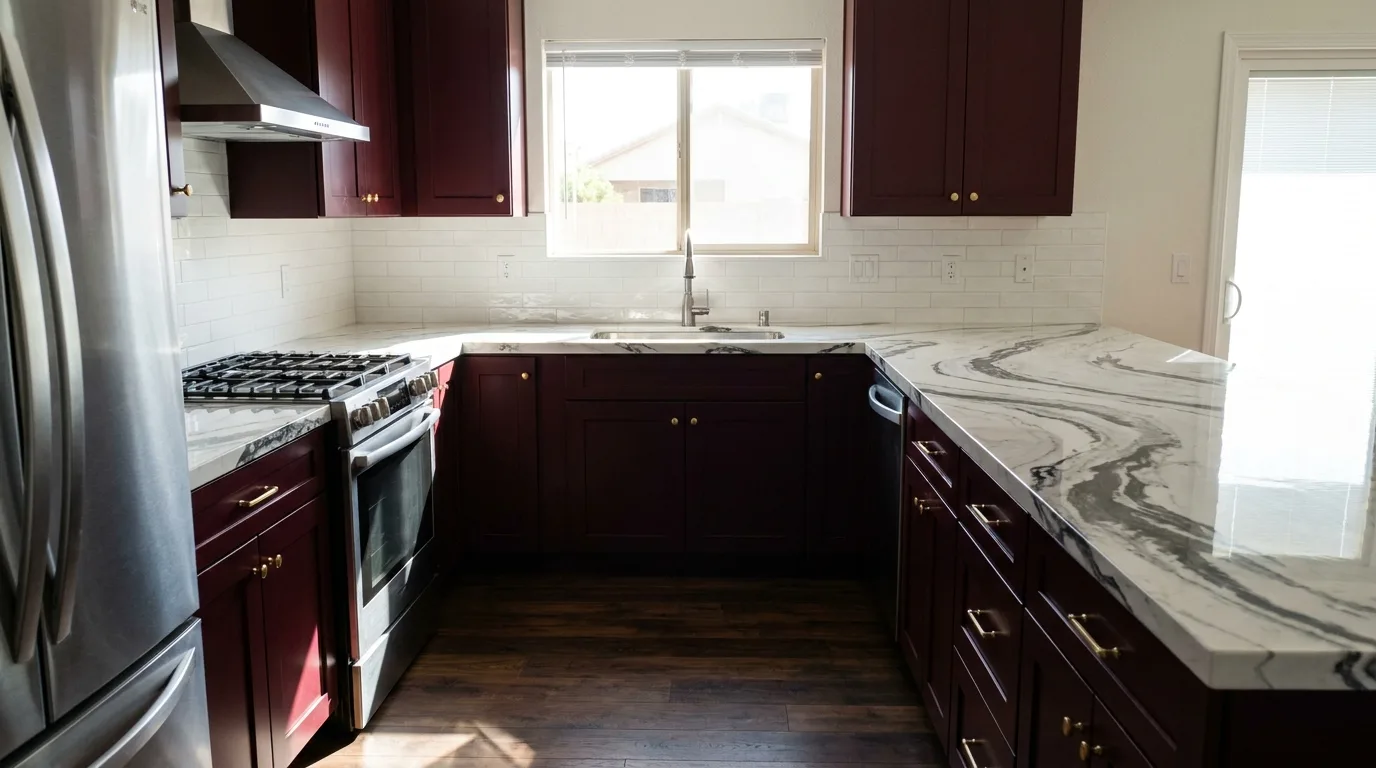 Arabescato Marble + Burgundy detail, McCormick Ranch