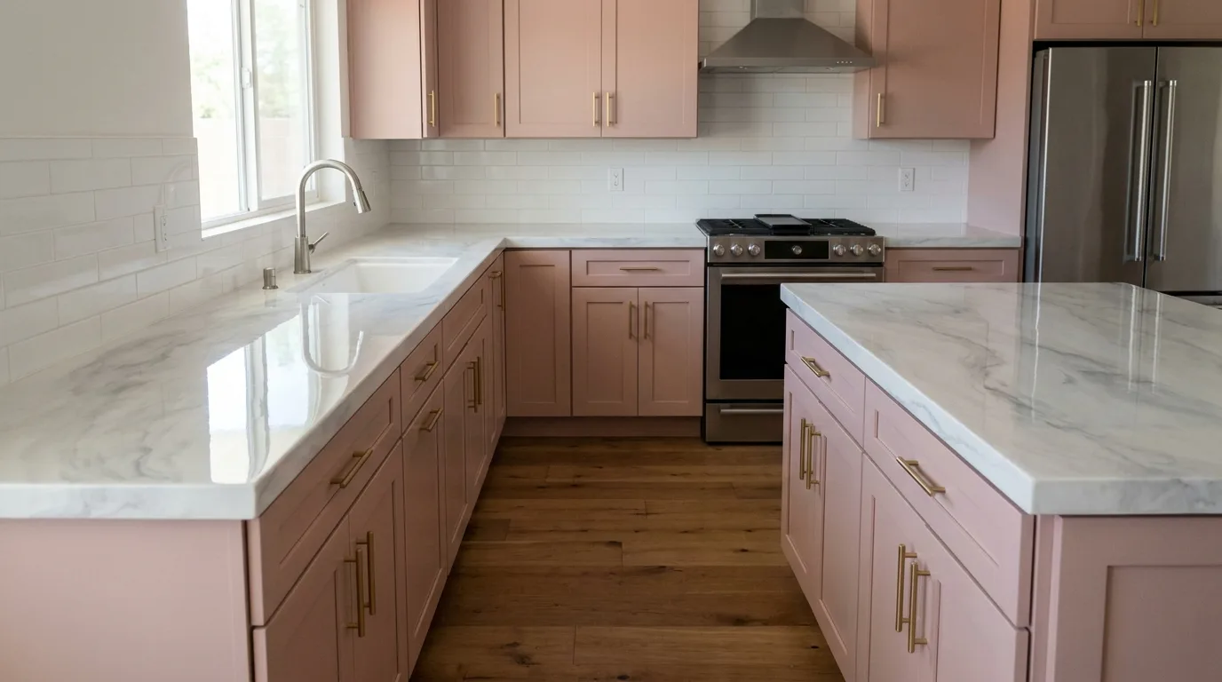 Bianco Venatino marble with blush cabinets in Biltmore area kitchen