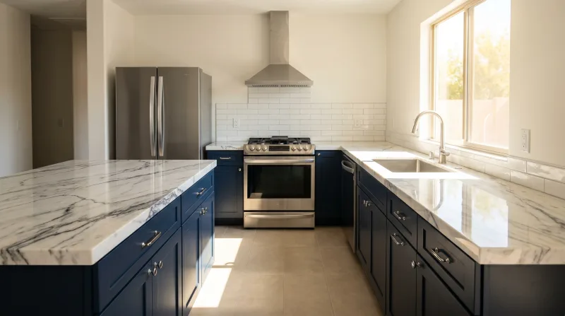 Calacatta lab stone countertops with navy cabinets — Phoenix kitchen