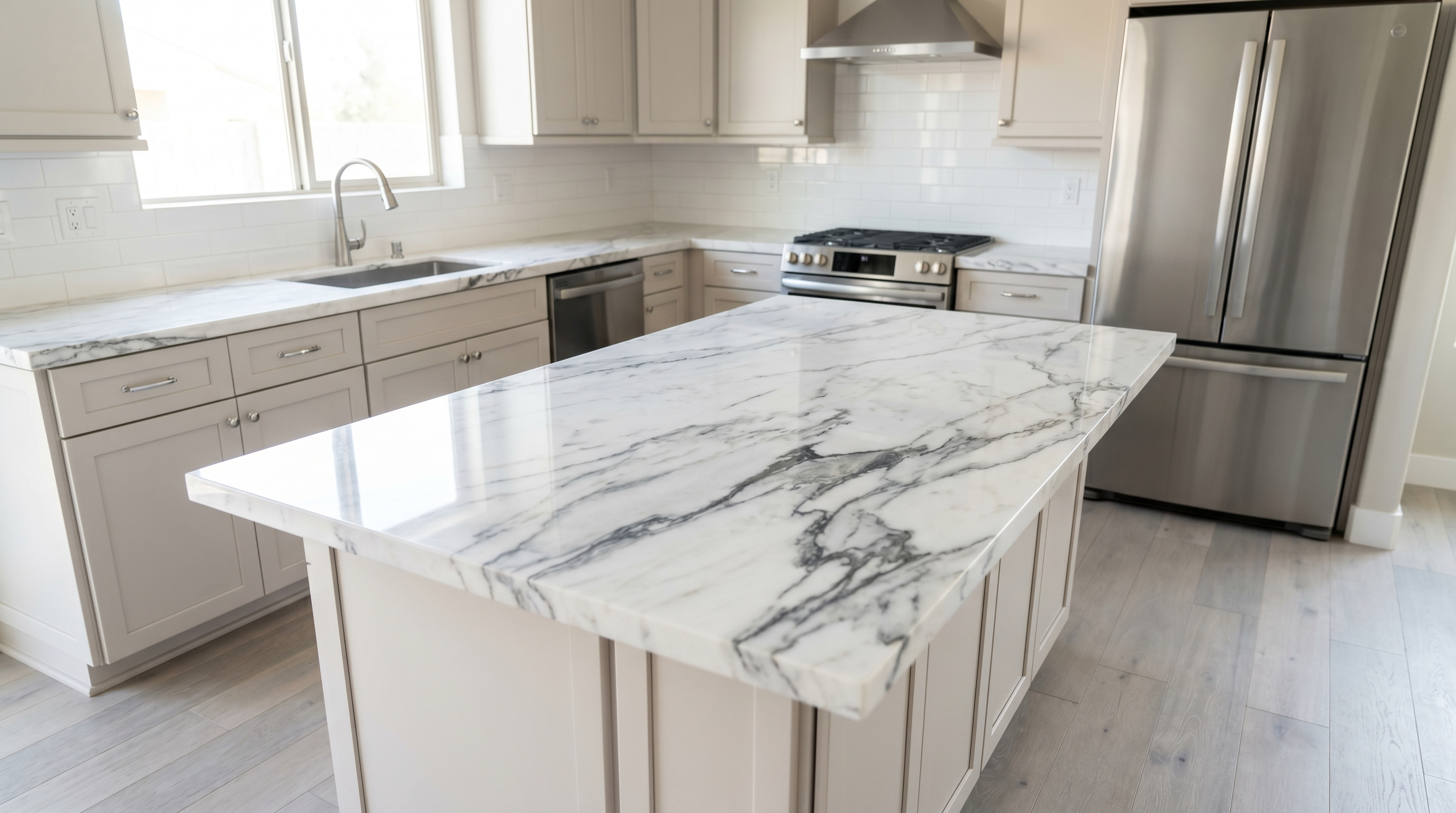 Calacatta Marble + Soft White detail, Arcadia