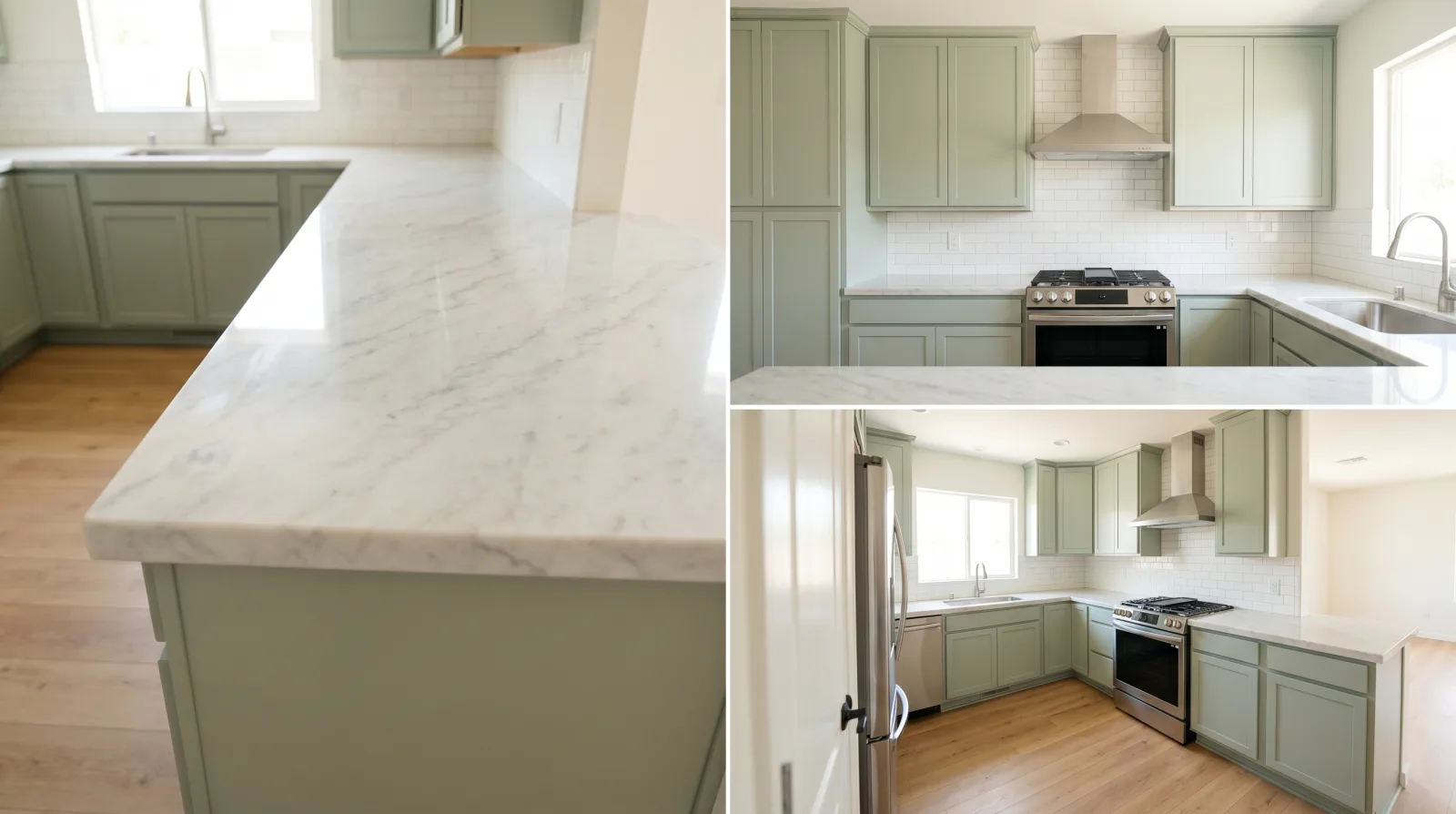 Carrara lab stone countertops with sage cabinets — Gilbert kitchen