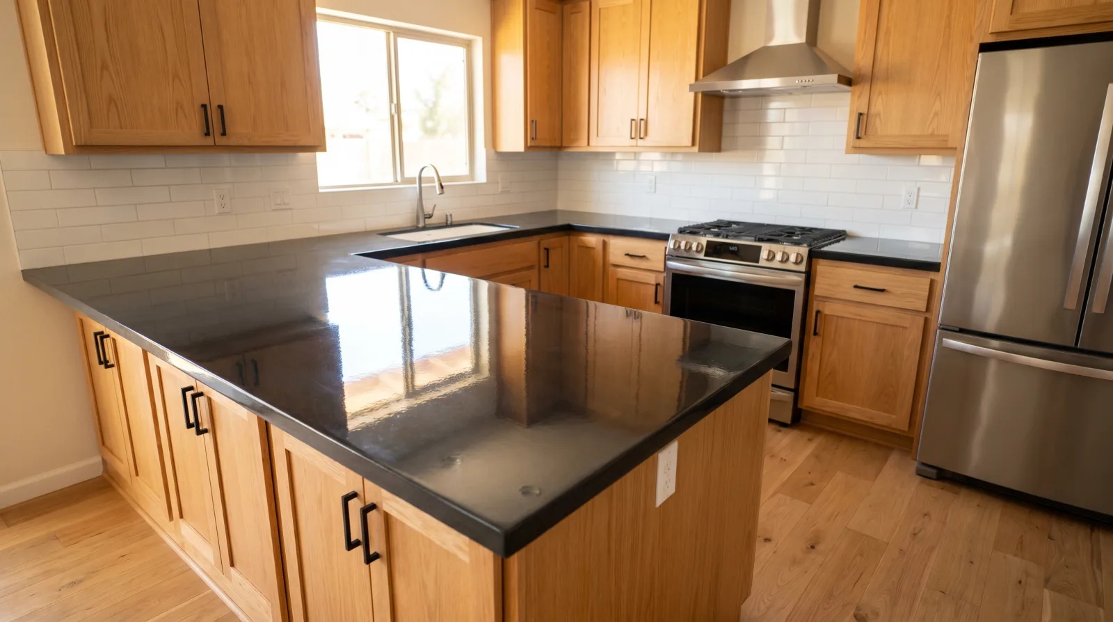 Charcoal lab stone countertops with honey oak cabinets — Tempe kitchen