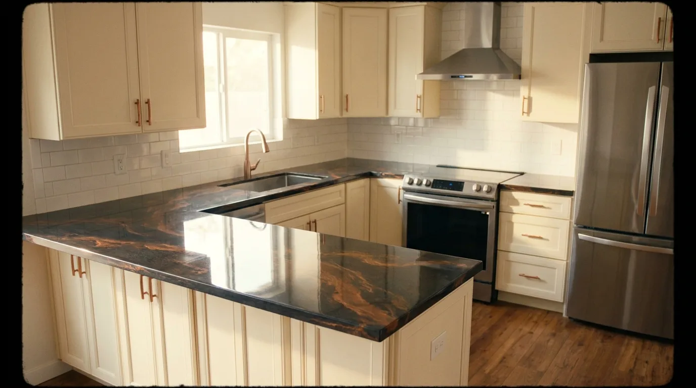 Copper Vein quartz counter with cream cabinets in a Maricopa kitchen