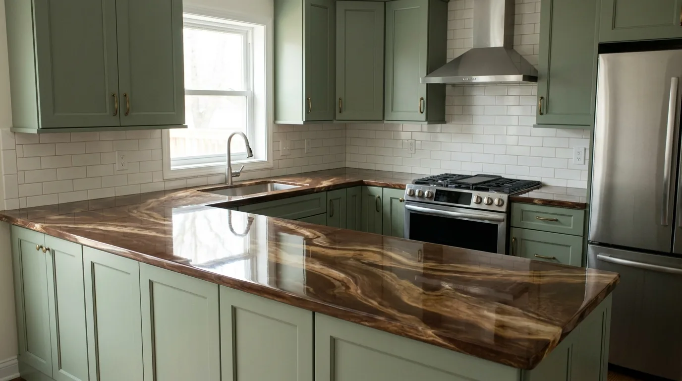 Emperador marble counter with sage cabinets in a Moon Valley Phoenix kitchen