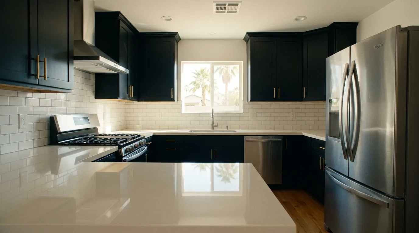 Pure Ivory quartz counter with matte black cabinets in a Willo Historic Phoenix kitchen