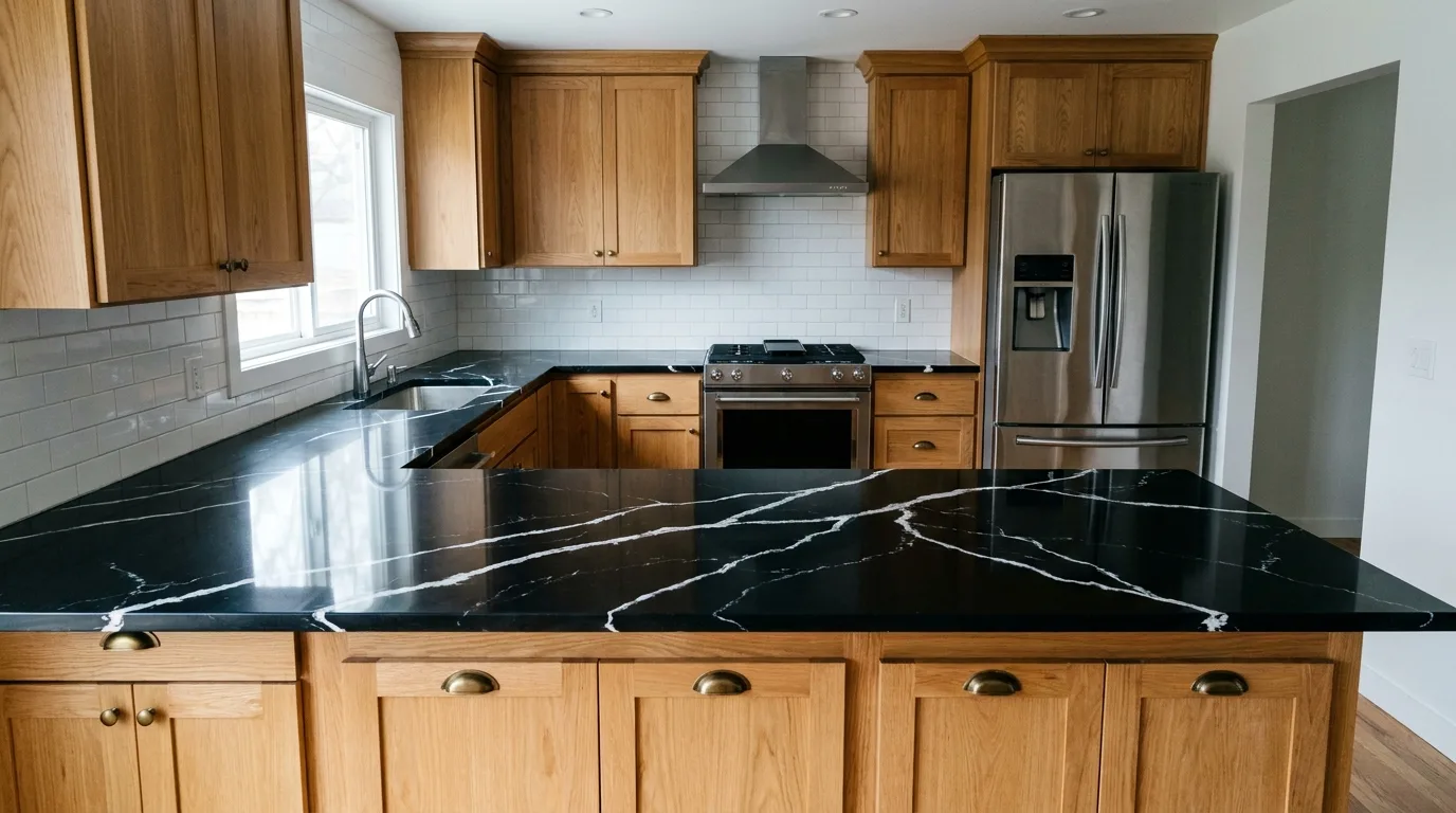 Nero Marquina lab stone countertops with natural oak cabinets — Vistancia kitchen