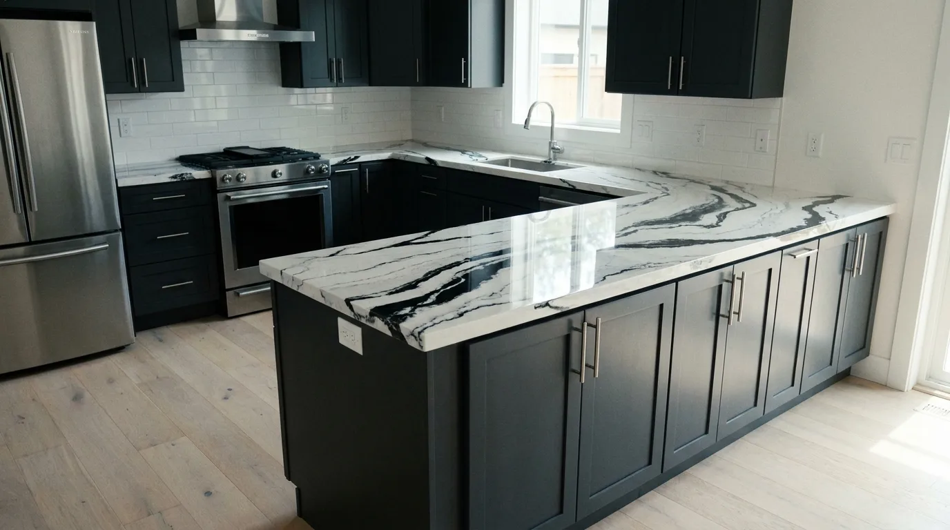 Panda Marble white countertop with bold black veining and charcoal cabinets in a Sun Lakes kitchen