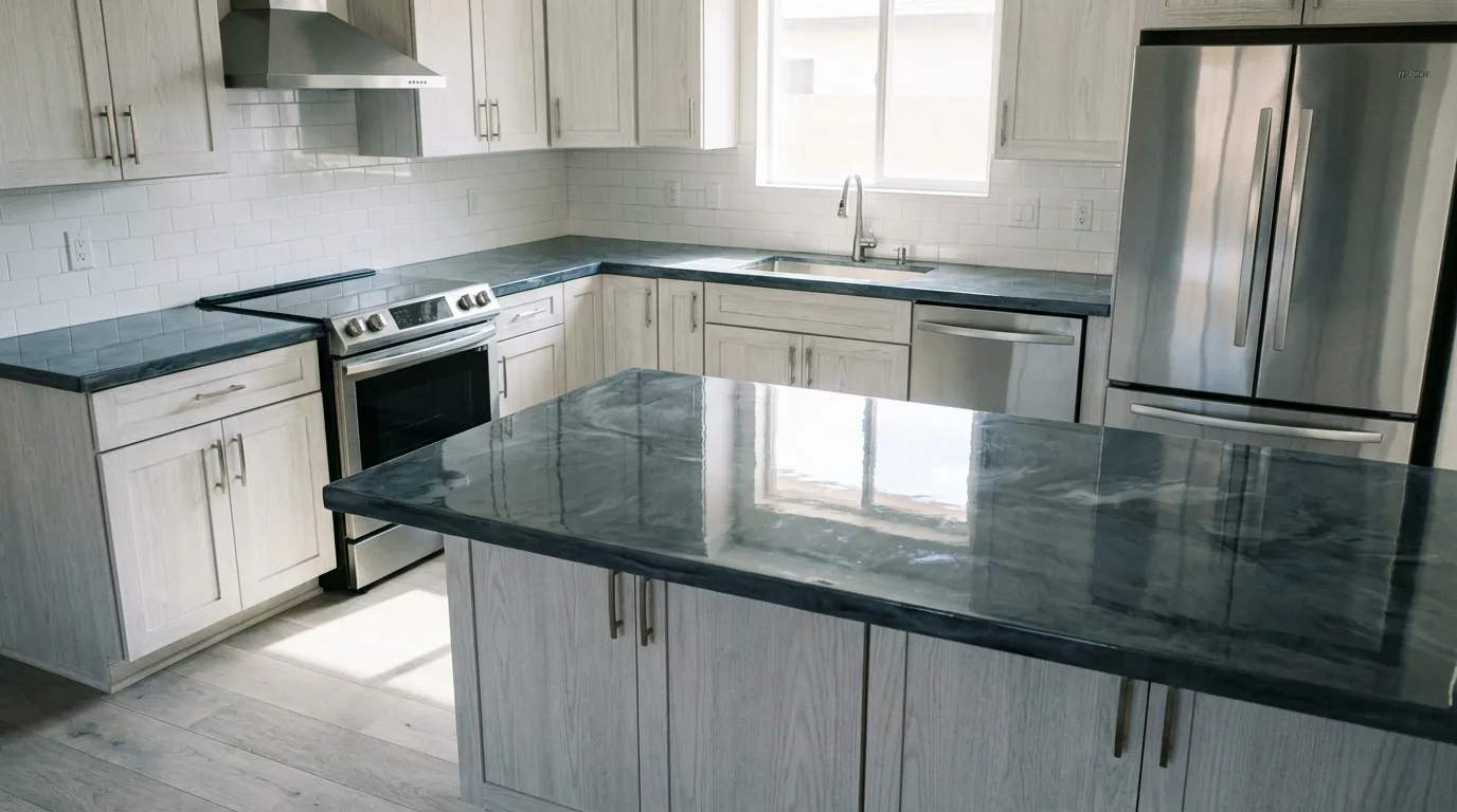 Pietra Grey marble counter with whitewashed oak cabinets in a Verrado Buckeye kitchen