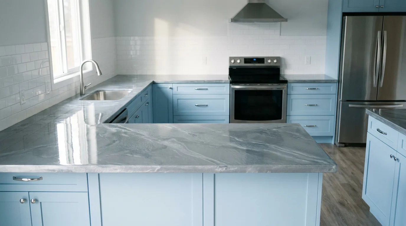 Silver Stream quartz counter with sky blue cabinets in a Desert Ridge Phoenix kitchen