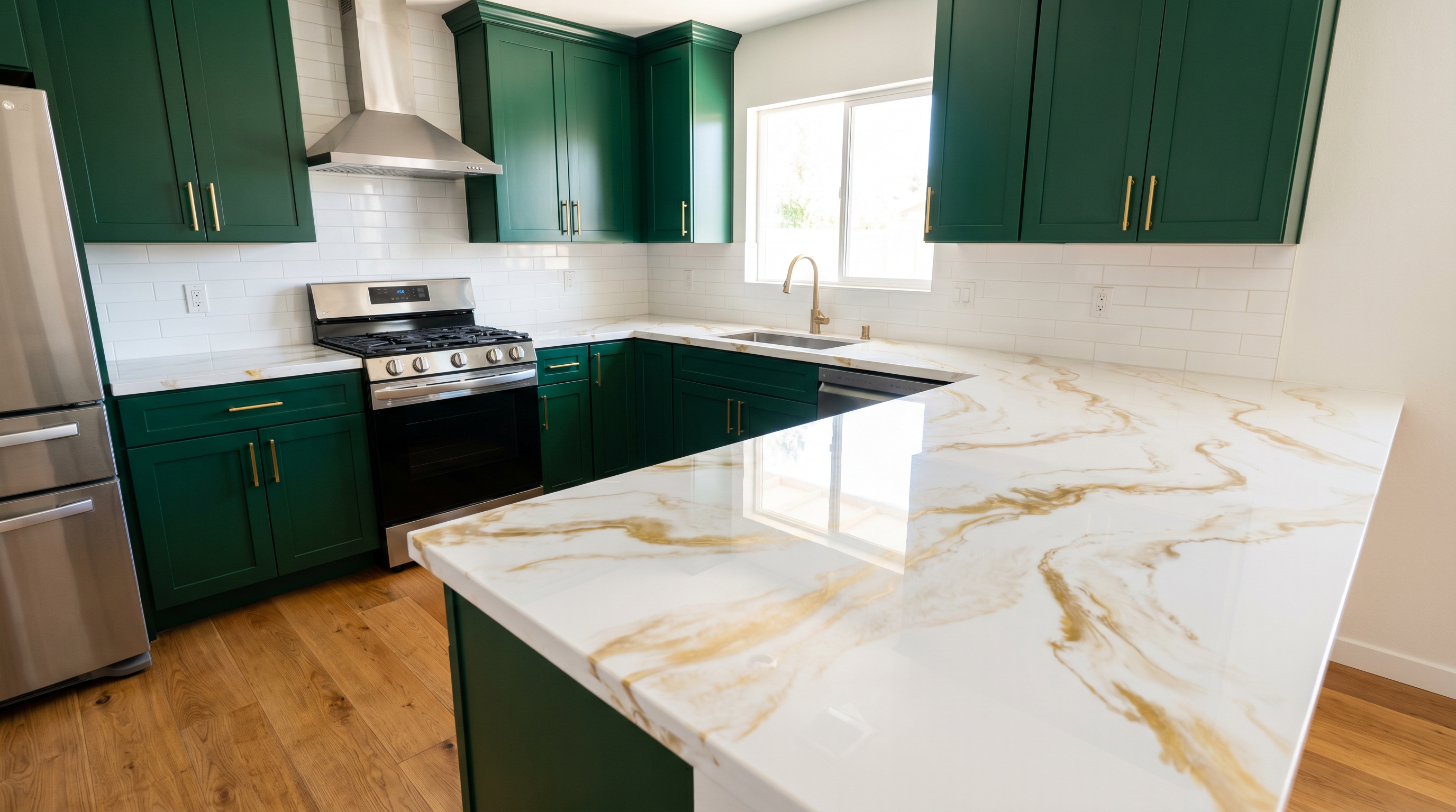White & Gold Quartz + Emerald detail, Carefree
